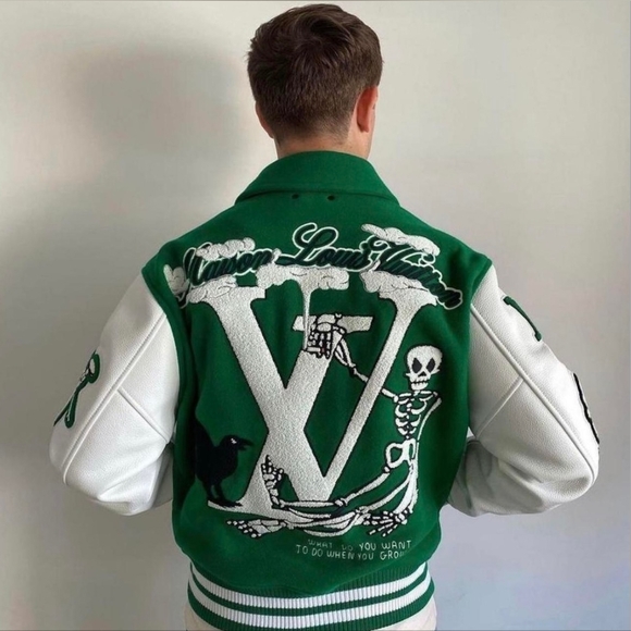 Men’s Louis Vuitton Green Wool Leather LV Varsity Jacket 46 Large - Picture 1 of 13